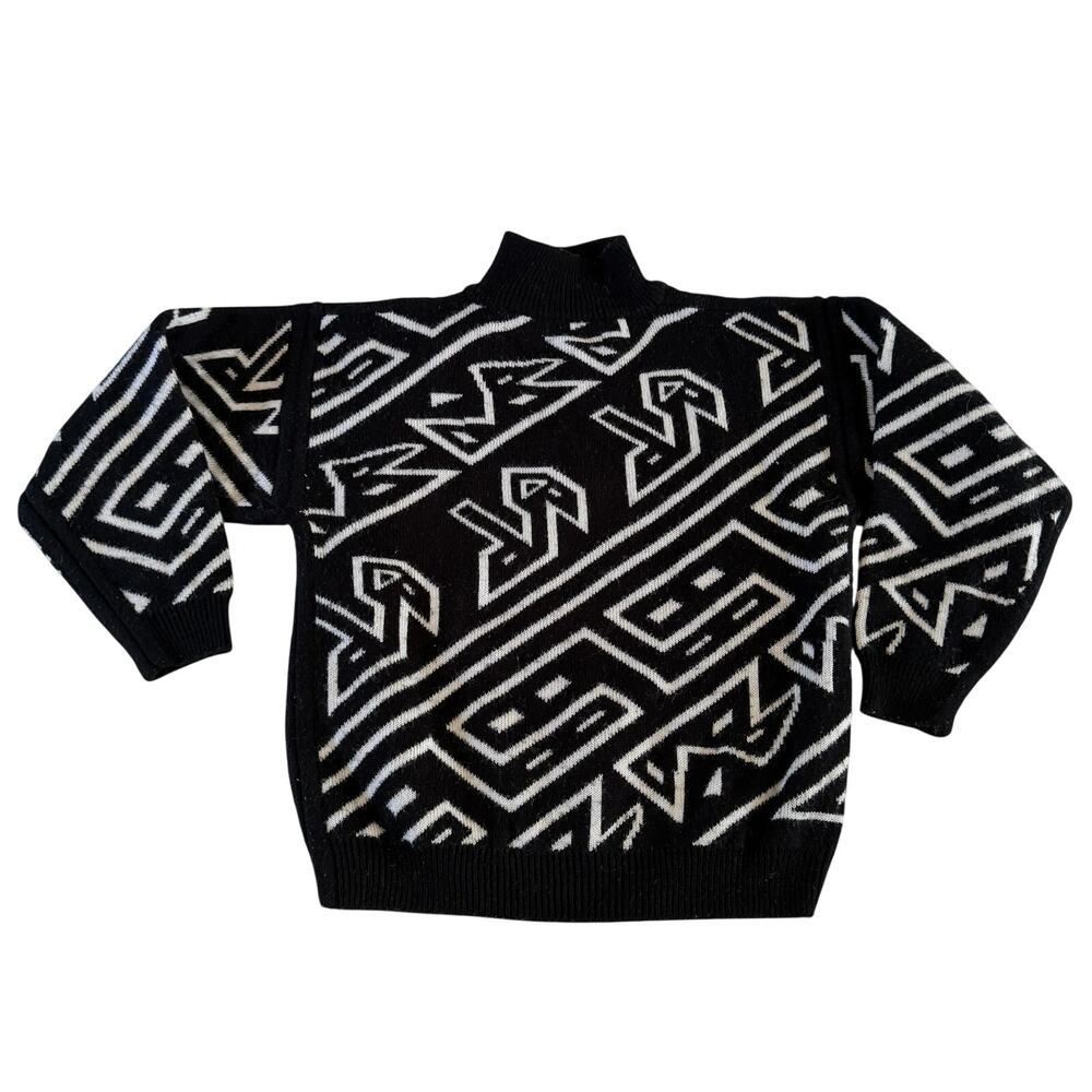 Vintage Black White Abstract Print Pullover Sweater Sz M 90s Grunge Academia